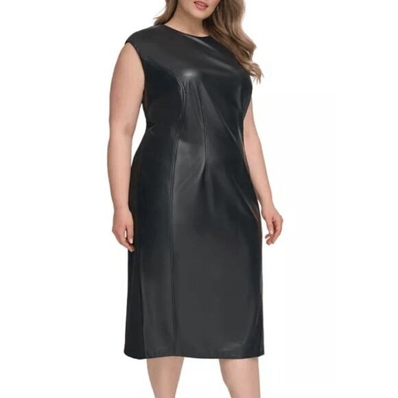 NWT CALVIN KLEIN Women's Black Faux-leather Mixed-Media Sleeveless Dress 12 - Picture 1 of 8
